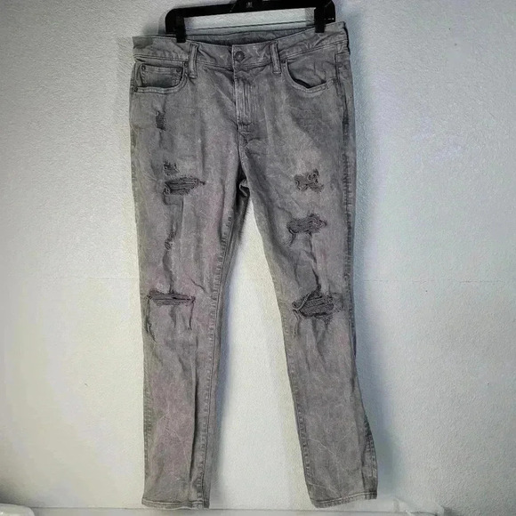 Distressed American Eagle Men’s Move Free Slim Jeans Airflex+ Size 34x32 Gray - Picture 1 of 11